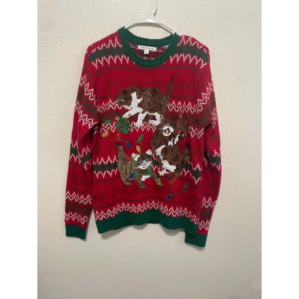 Celebrate Together Cat Ugly Christmas Sweater Mens M Red Green Fair Isle EUC